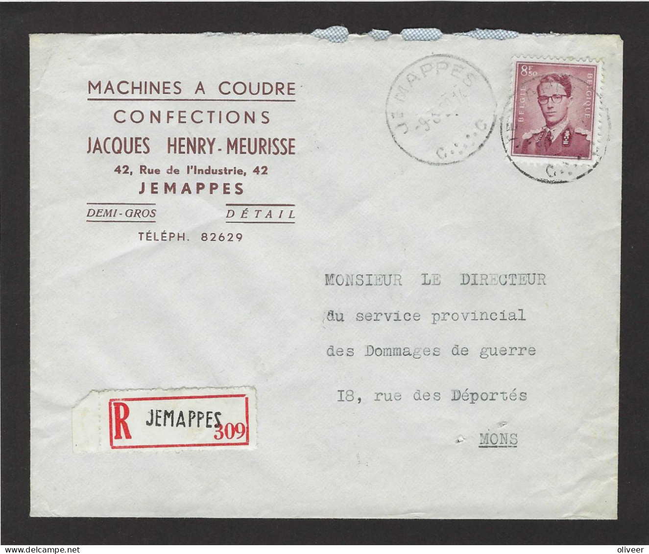 OCB 1072 Boudewijn Marchand 8,50fr. Op Aangetekende Brief Van JEMAPPES Naar MONS - 1953-1972 Anteojos