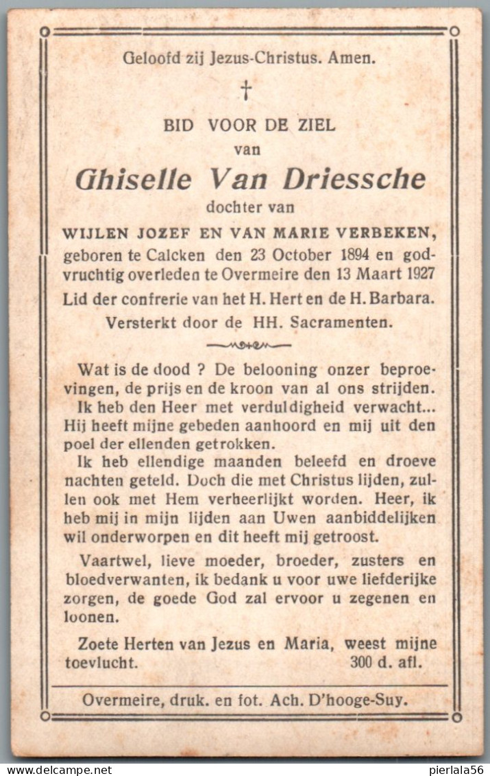 Bidprentje Kalken - Van Driessche Ghiselle (1894-1927) - Devotion Images