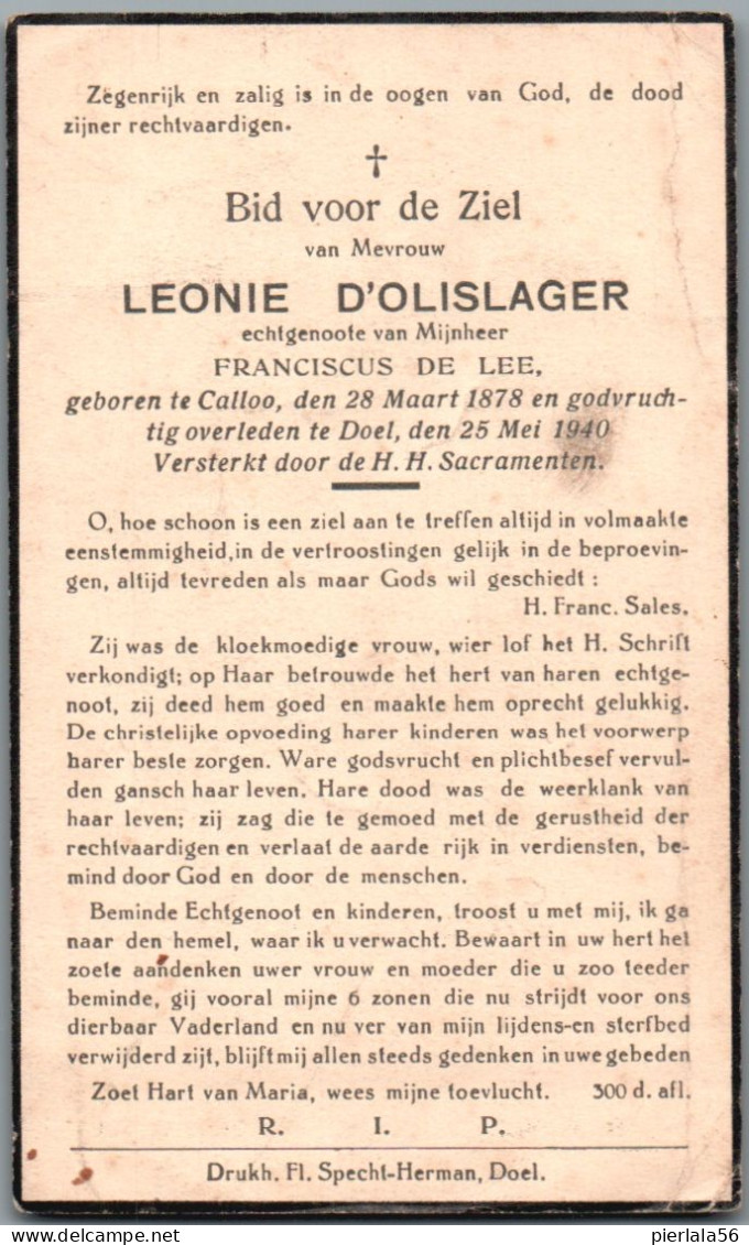 Bidprentje Kallo - D'Olislager Leonie (1878-1940) - Devotion Images