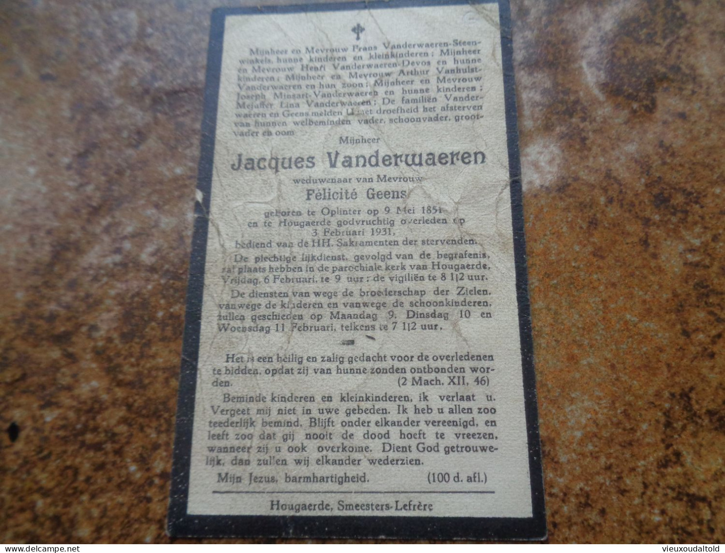 Doodsprentje/Bidprentje  Jacques Vanderwaeren   Oplinter 1851-1931 Hougaerde  (Wdr Félicité Geens) - Religion & Esotericism