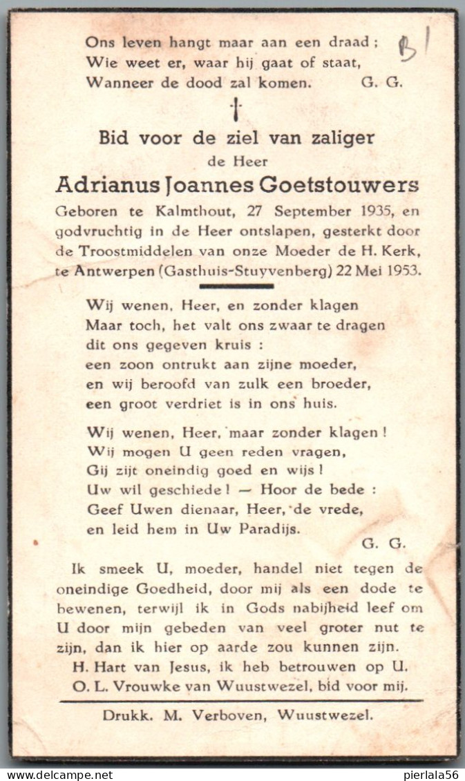 Bidprentje Kalmthout - Goetstouwers Adrianus Joannes (1935-1953) - Andachtsbilder