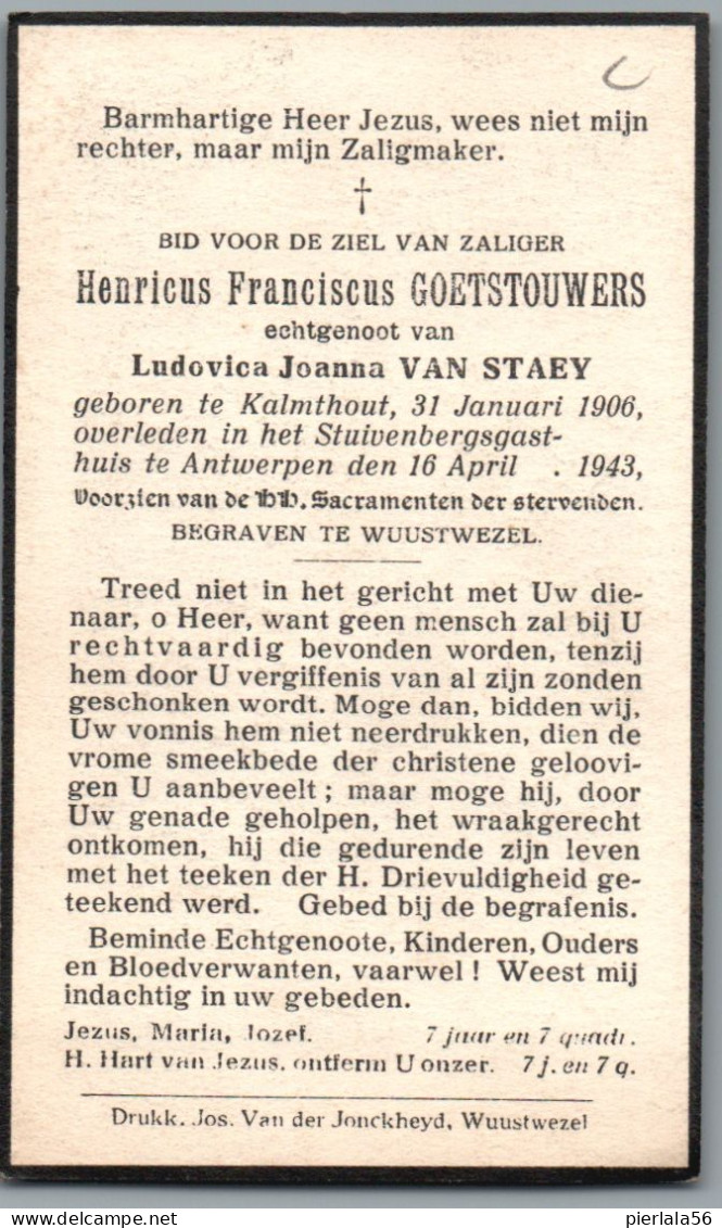 Bidprentje Kalmthout - Goetstouwers Henricus Franciscus (1906-1943) - Andachtsbilder