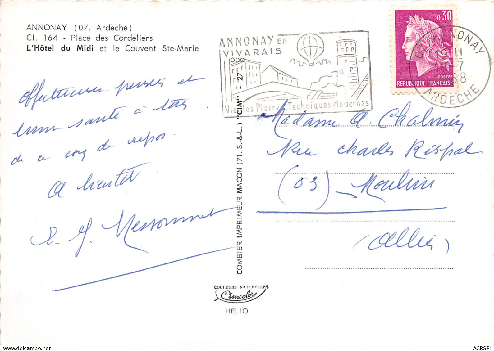 ANNONAY Place Des Cordeliers L Hotel Du Midi Et Le Couvent Ste Marie 6(scan Recto-verso) MB2364 - Annonay