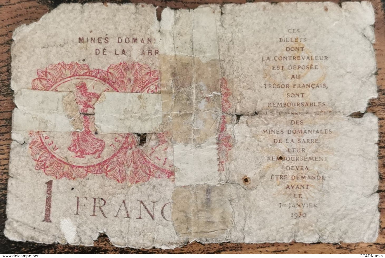 Billet De 1 Franc MINES DOMANIALES DE LA SARRE état Français A 476890  Cf Photos - 1947 Sarre