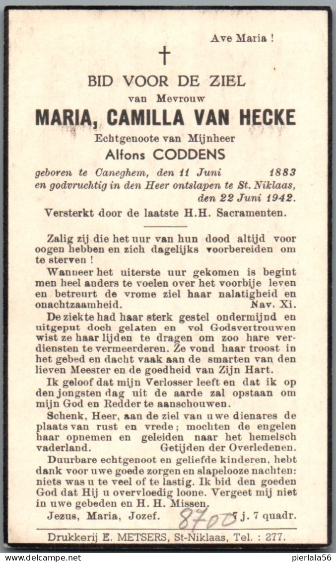 Bidprentje Kanegem - Van Hecke Maria Camilla (1883-1942) - Santini