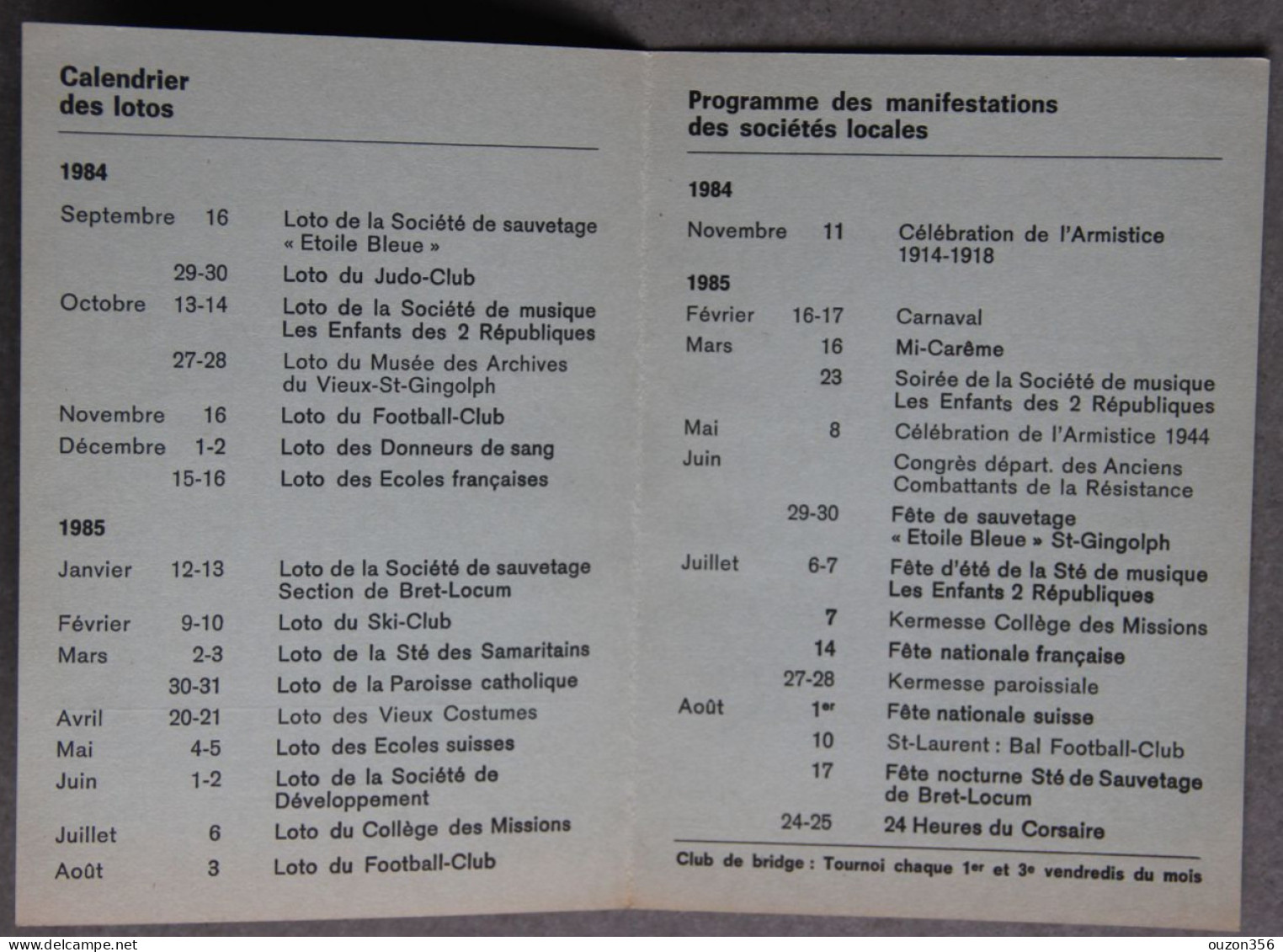 SAINT-GINGOLPH (Valais, Suisse, Haute-Savoie, France), Cartel Des Sociétés Locales, 1984-85 - Programma's