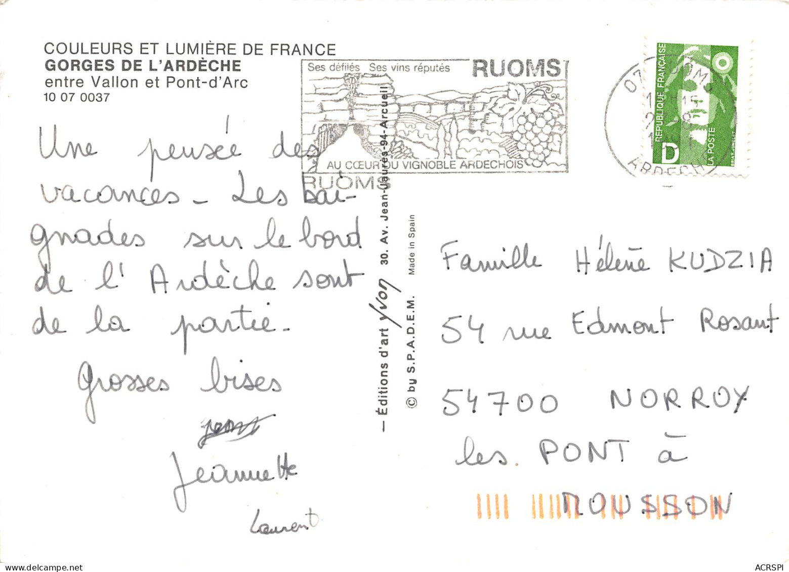 GORGES DE L ARDECHE Entre Vallon Et Pont D Arc 19(scan Recto-verso) MB2377 - Autres & Non Classés