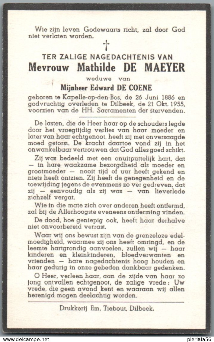 Bidprentje Kapelle-o/d-Bos - De Maeyer Mathilde (1886-1955) - Images Religieuses