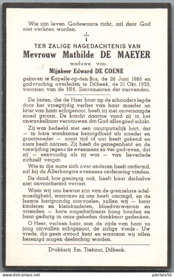 Bidprentje Kapelle-o/d-Bos - De Maeyer Mathilde (1886-1955) - Andachtsbilder