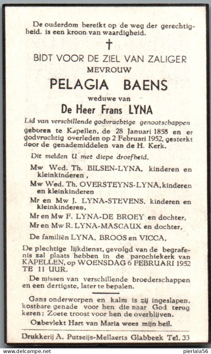 Bidprentje Kapellen - Baens Pelagia (1858-1952) - Images Religieuses