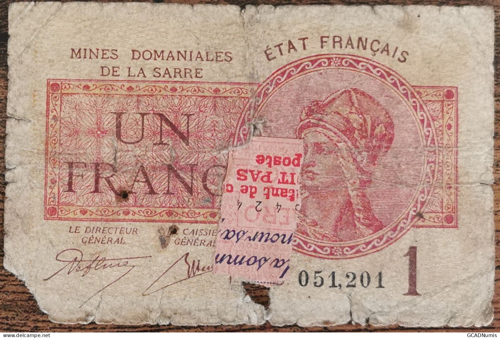Billet De 1 Franc MINES DOMANIALES DE LA SARRE état Français B 051201  Cf Photos - 1947 Sarre