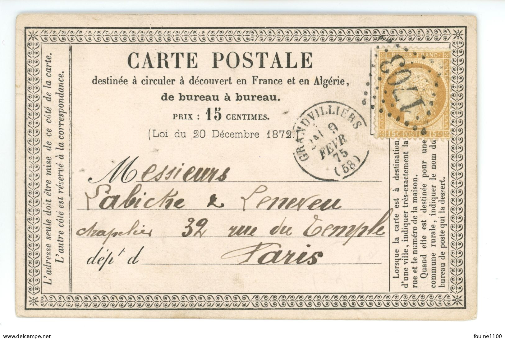 CARTE POSTALE PRECURSEUR Commande Du Chapelier THOREL PERRIN De GRANDVILLIERS Pour LABICHE & LENEVEU à PARIS Année 1875 - Grandvilliers