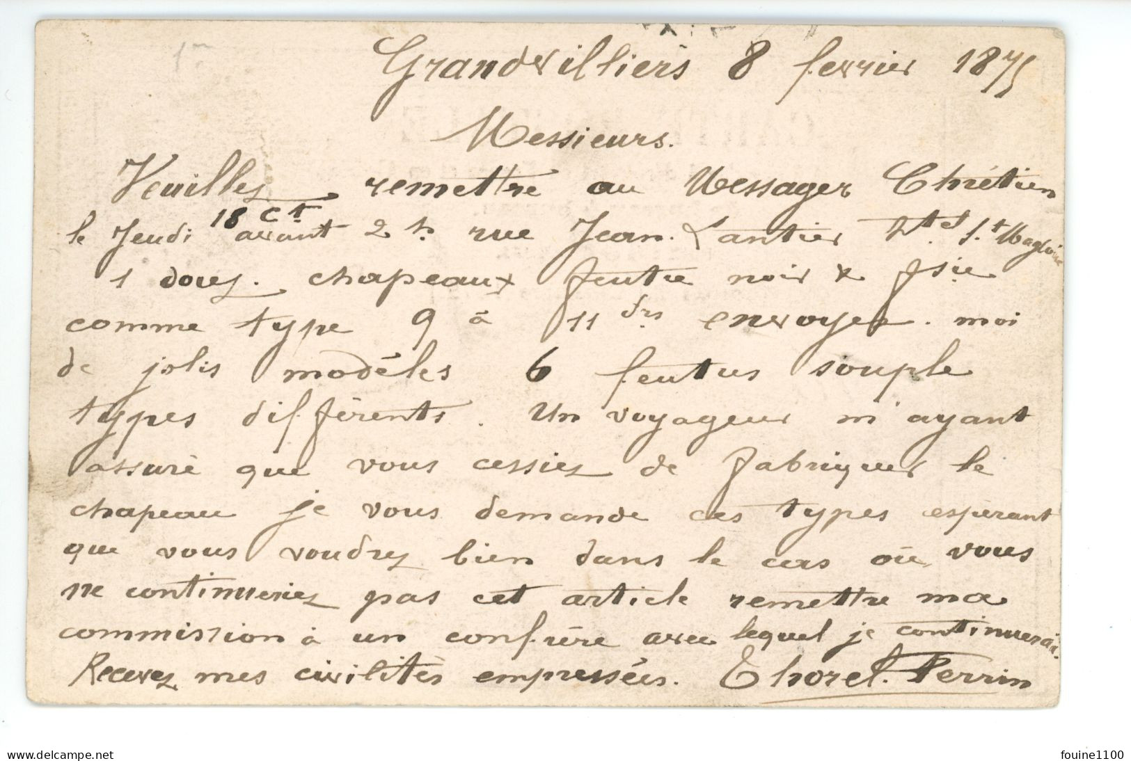 CARTE POSTALE PRECURSEUR Commande Du Chapelier THOREL PERRIN De GRANDVILLIERS Pour LABICHE & LENEVEU à PARIS Année 1875 - Grandvilliers