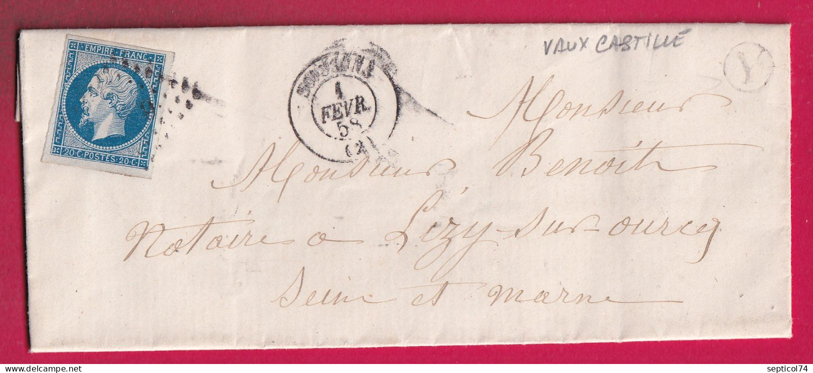 N°14 PC SOISSONS AISNE BOITE RURALE Y VAUXCASTILLE POUR LIZY SUR OURCQ SEINE ET MARNE 1858 LETTRE - 1849-1876: Periodo Classico