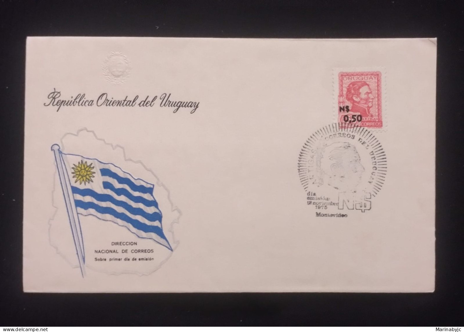 D)1975, URUGUAY, FIRST DAY COVER, ISSUE, GENERAL JOSÉ GERVASIO ARTIGAS, 1764-1850, OVERLOADED, FDC - Uruguay