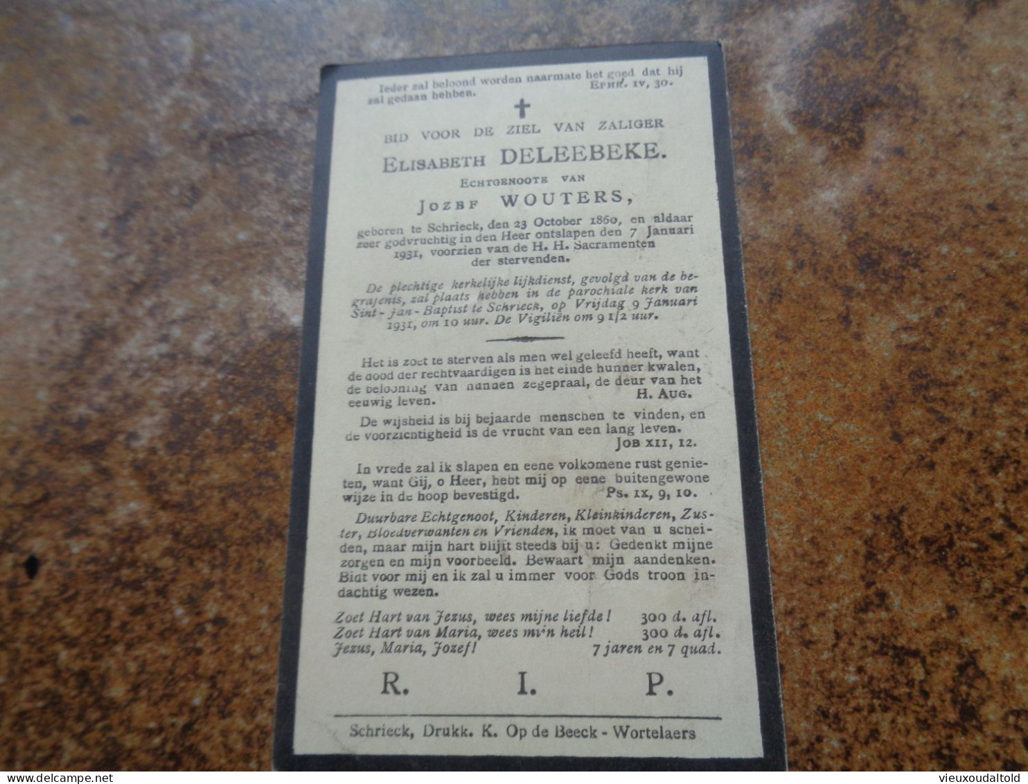 Doodsprentje/Bidprentje  ELISABETH DELEEBEKE   Schrieck 1860-1931  (Echtg Jozef WOUTERS) - Religion & Esotérisme