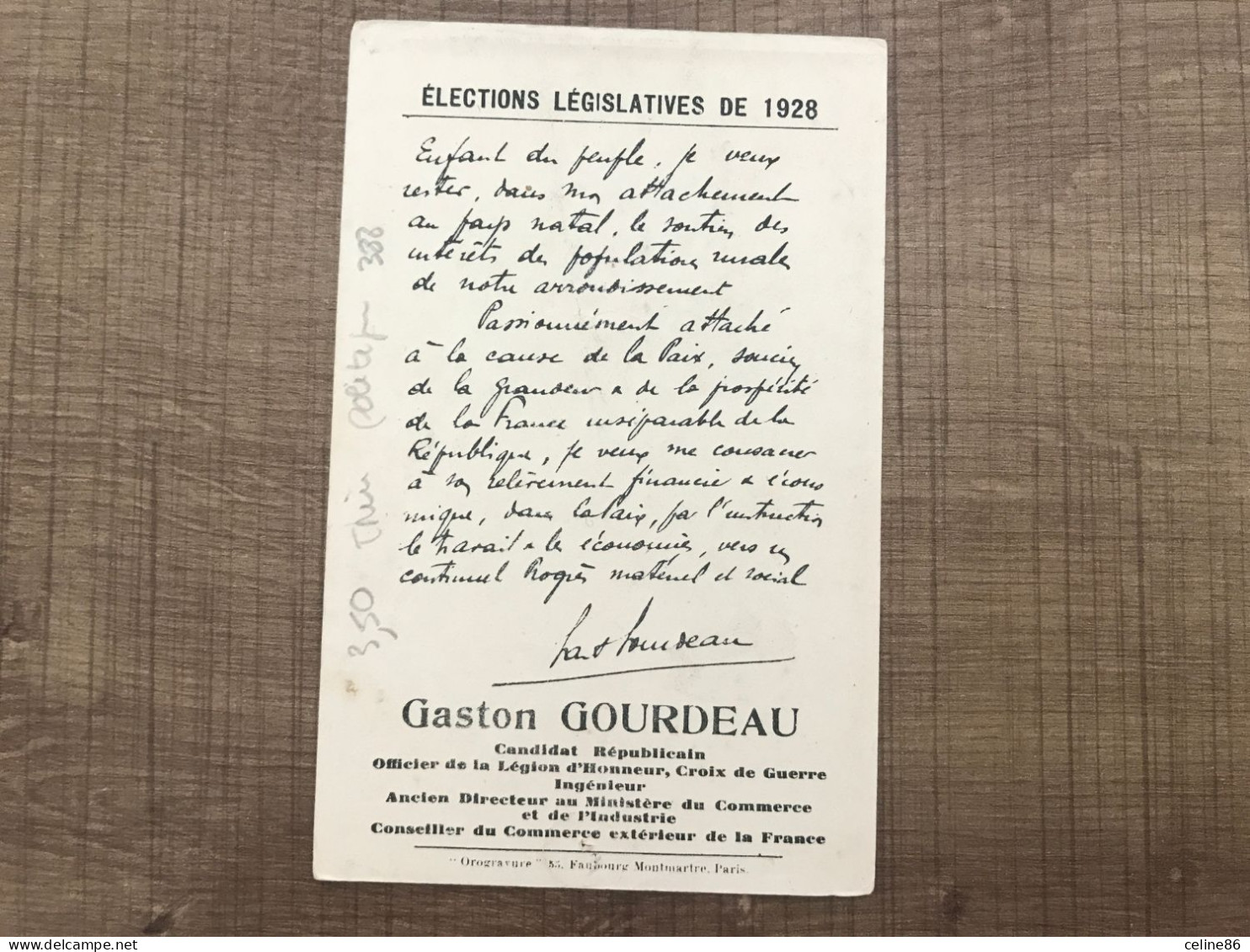 Elections Législatives De 1928 Gaston GOURDEAU - Persönlichkeiten