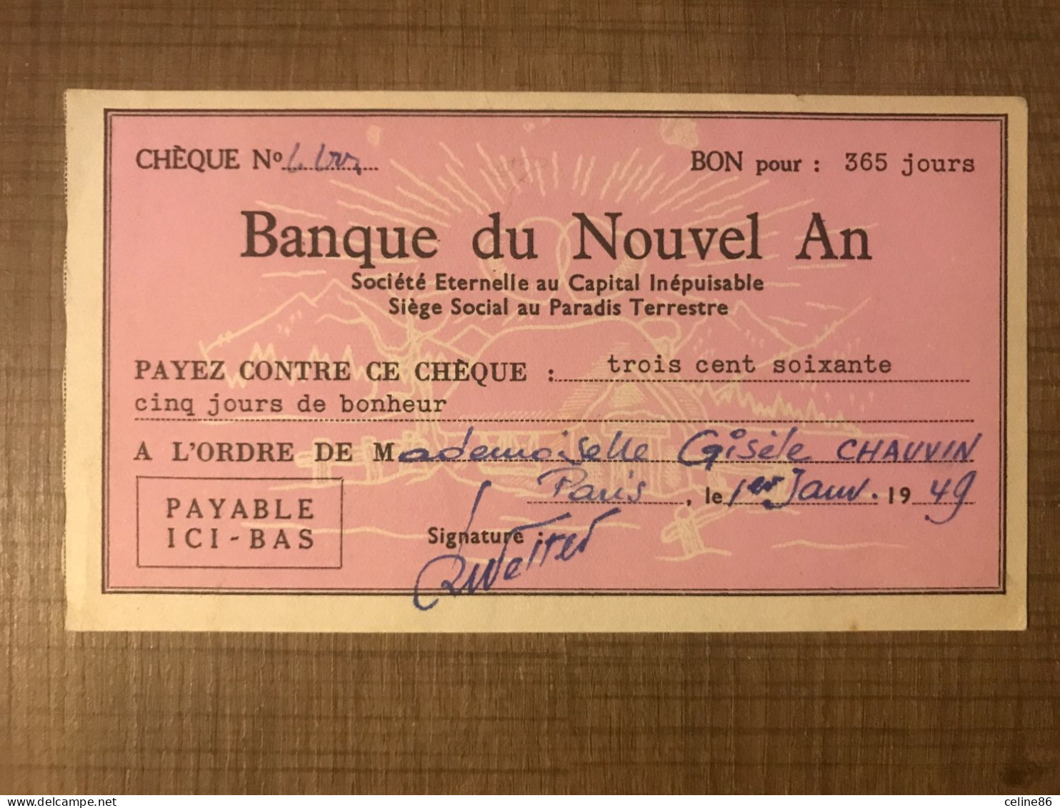 Chèque Banque De Nouvel An Bon Pour 365 Jours - Nouvel An