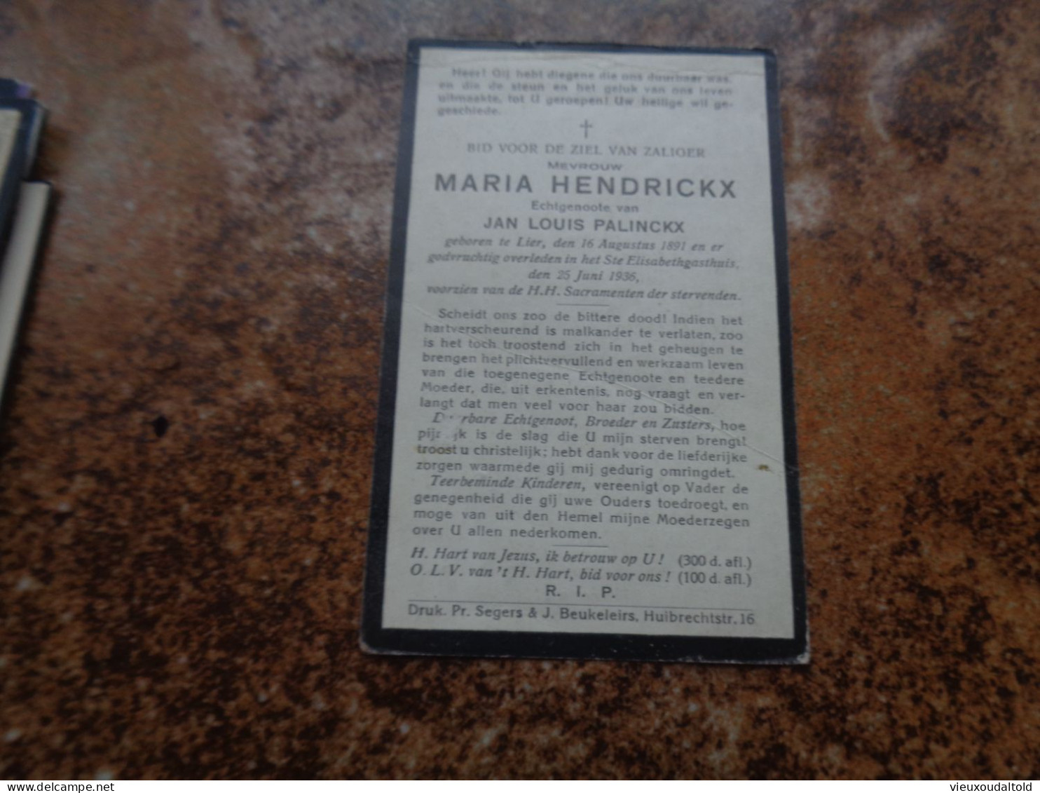 Doodsprentje/Bidprentje   MARIA HENDRICKX   Lier 1891-1936 (Echtg Jan Louis PALINCKX) - Religion &  Esoterik