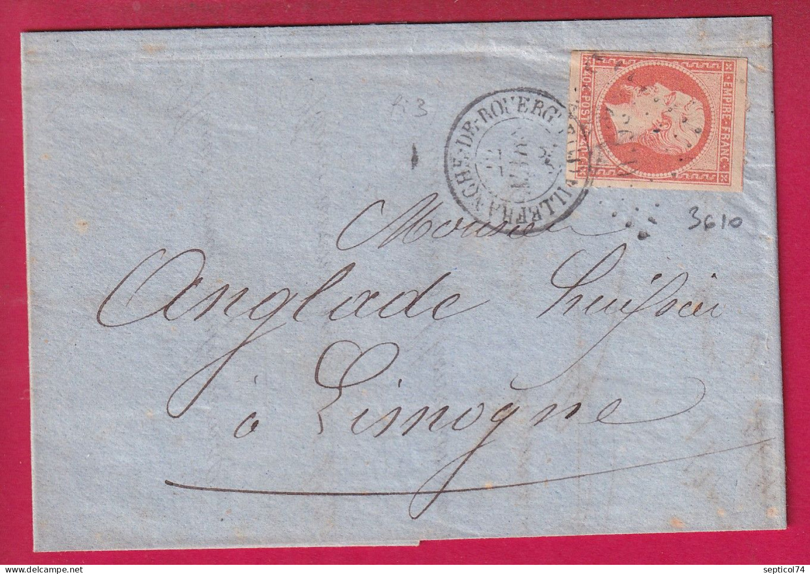 N°16 ORANGE SUR PAILLE TTB PC 3610 VILLEFRANCHE DE ROUEGUE AVEYRON POUR LIMOGNE LOT LETTRE - 1849-1876: Periodo Classico