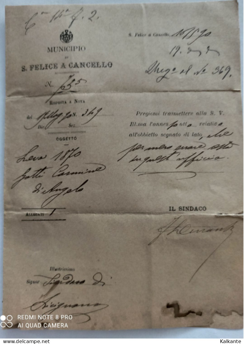 1890 - Documento Del Municipio Di S.Felice Al Cancello (SA) Riguardo La Leva Del 1870 - Storia Postale