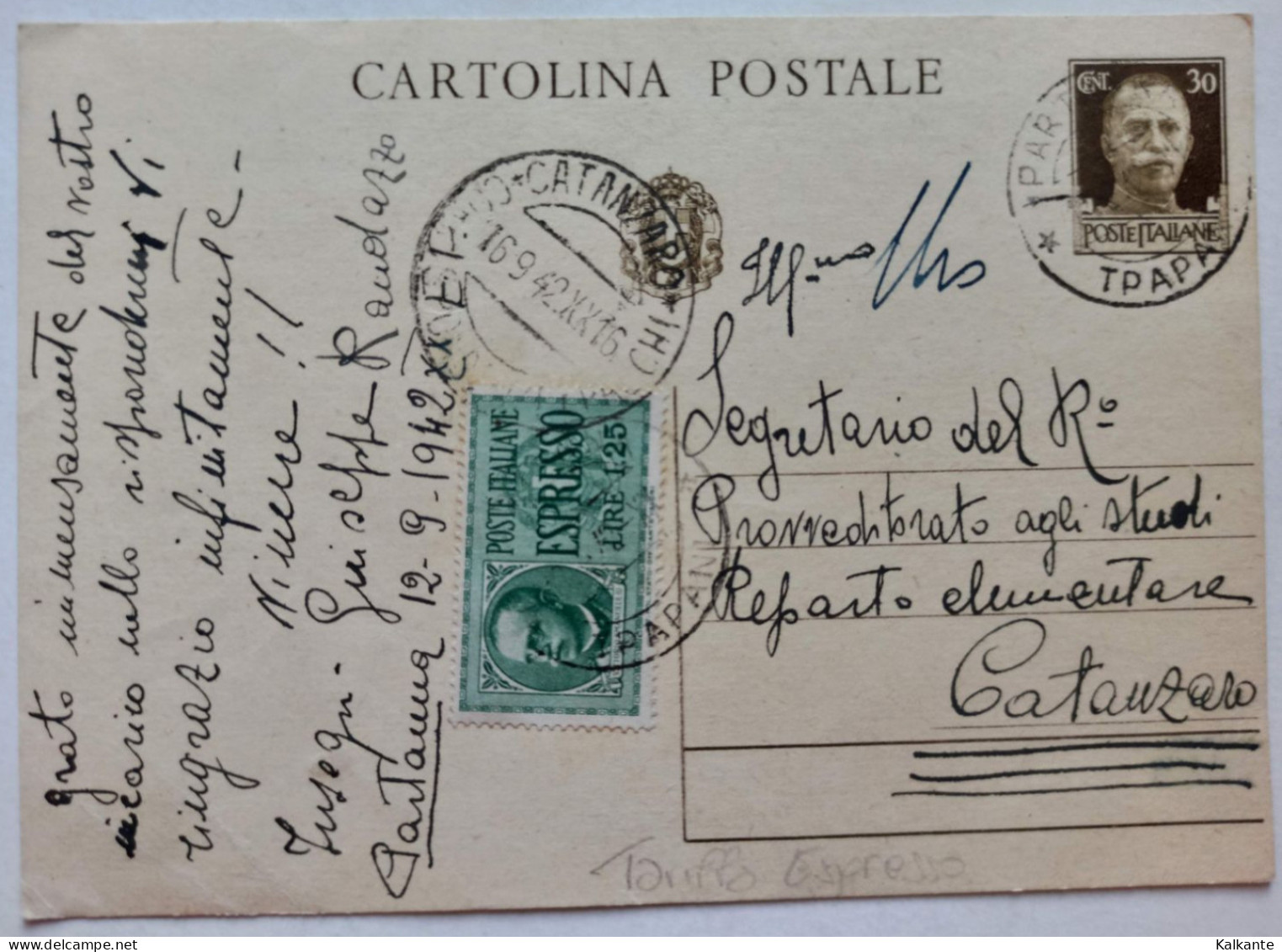 1942 - Intero Postale Da 30c Con Aggiunta Di Bollo Espresso Da 1.25 Lire - Entiers Postaux