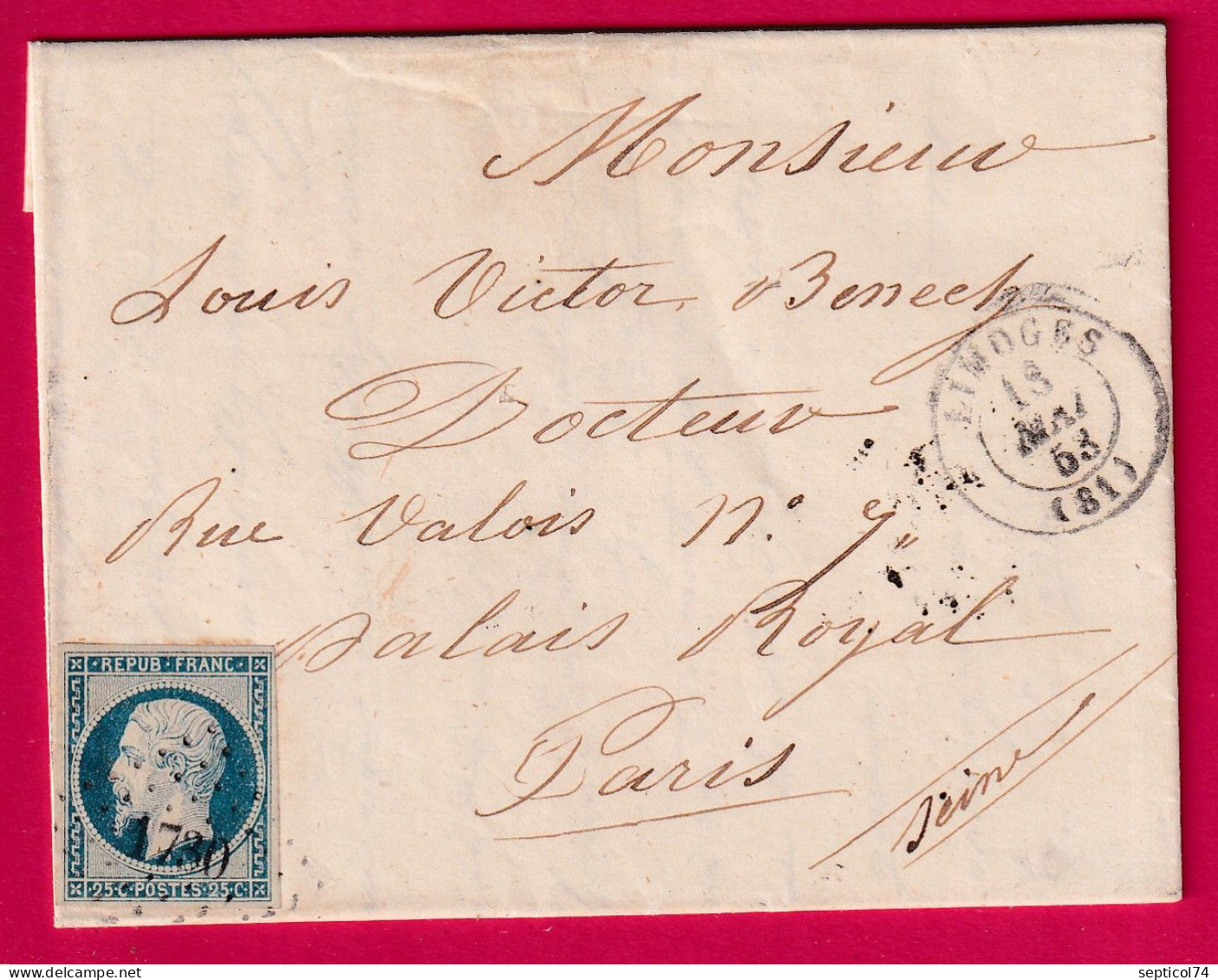 N°10 PC 1730 LIMOGES HAUTE VIENNE POUR PARIS PALAIS ROYAL 1853 LETTRE - 1849-1876: Periodo Classico