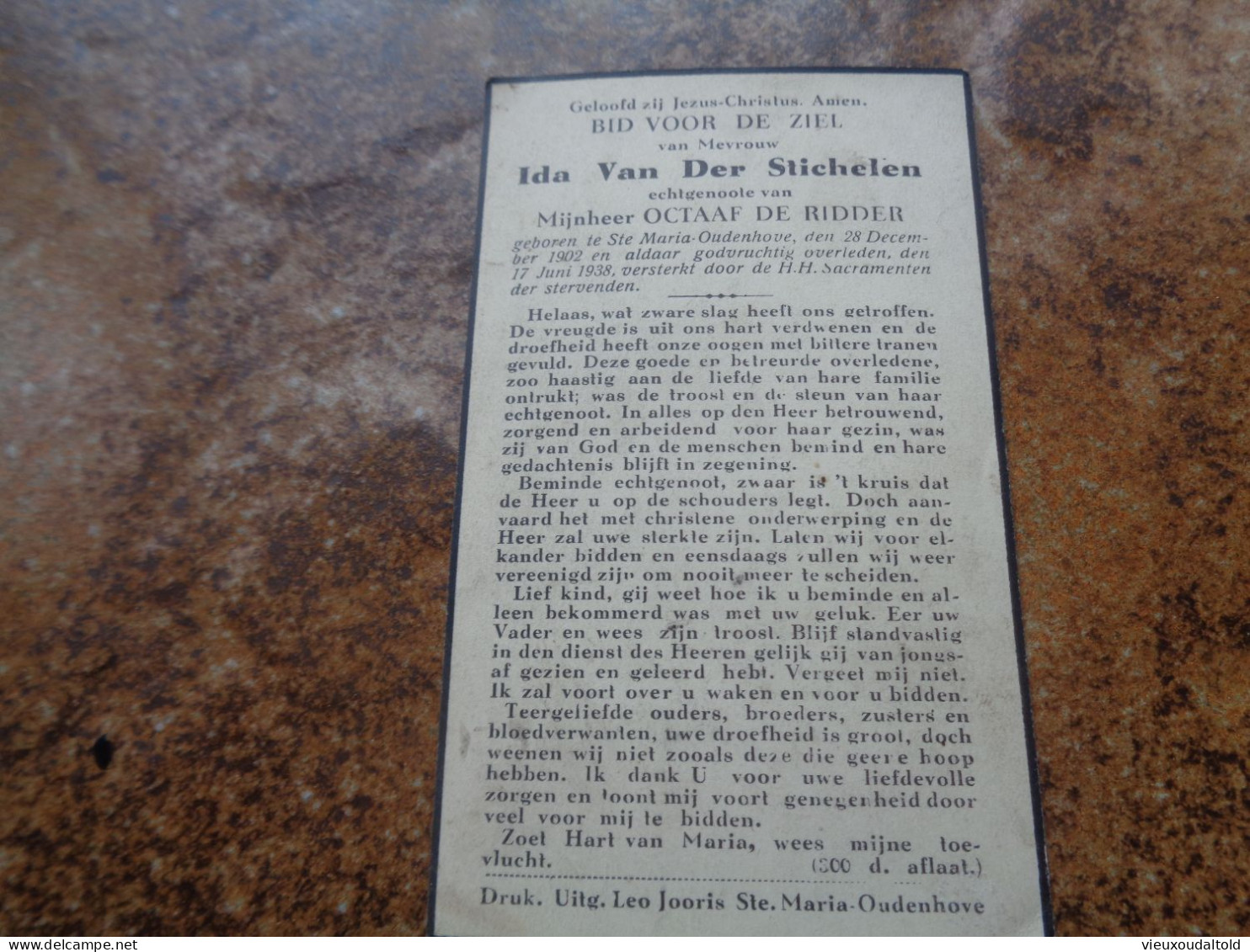 Doodsprentje/Bidprentje  Ida Van Der Stichelen   Ste Maria Oudenhove 1902-1938  (Echtg Octaaf DE RIDDER) - Religion &  Esoterik