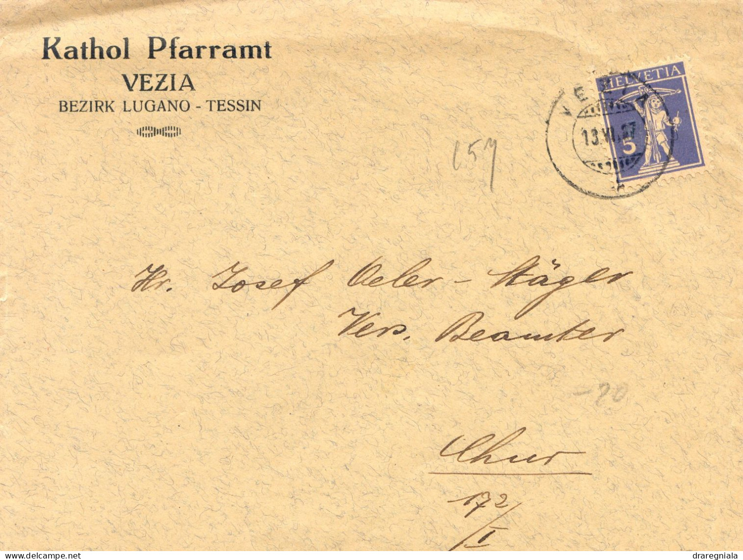 Mail Von Vezia 1927  - Kathol Pfarrant Vezia Bezirk Lugano Tessin -Tellknabe 157 - Storia Postale