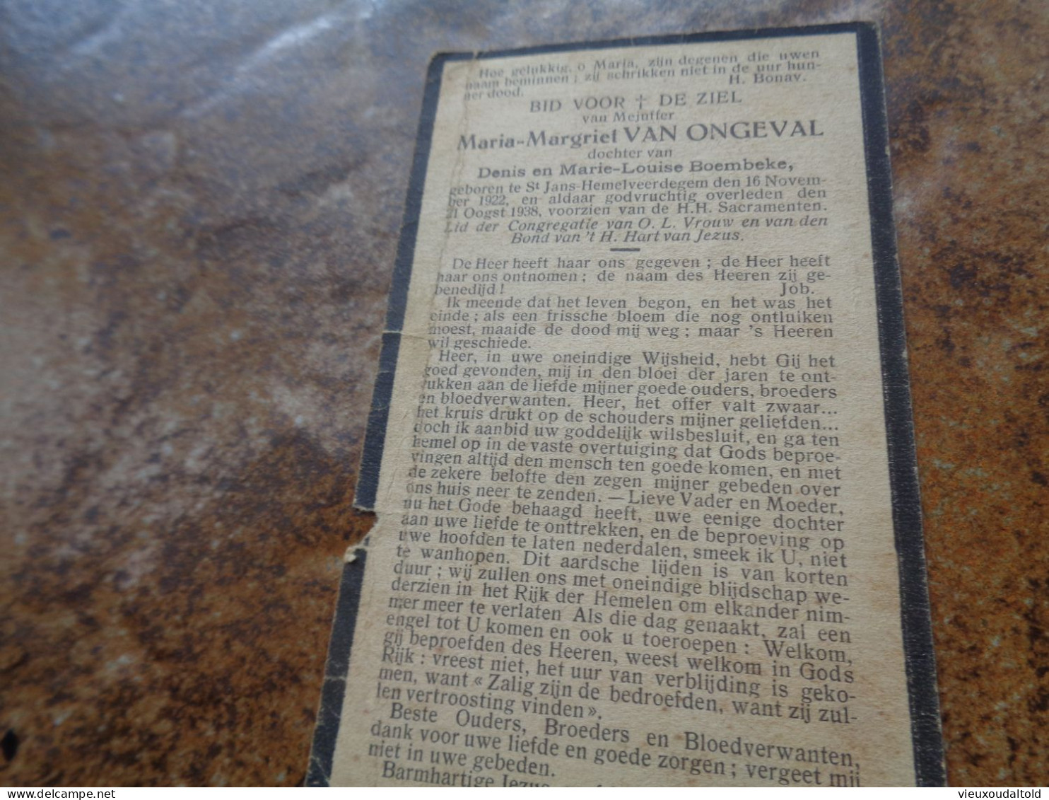 Doodsprentje/Bidprentje  Maria Margriet VAN ONGEVAL  St Jans-Hemelveerdegem 1922-1938 (dchtr Denis & Louise Boembeke) - Religion &  Esoterik
