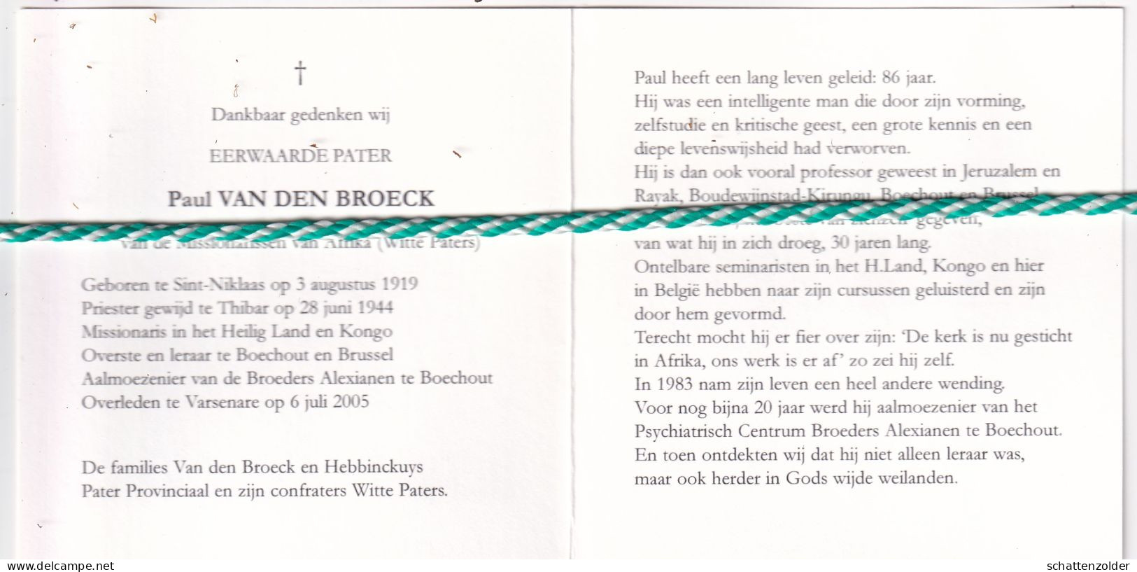 Pater Paul Van Den Broeck, Sint-Niklaas 1919, Varsenare 2005. Kongo, Boechout,Brussel. Foto - Décès