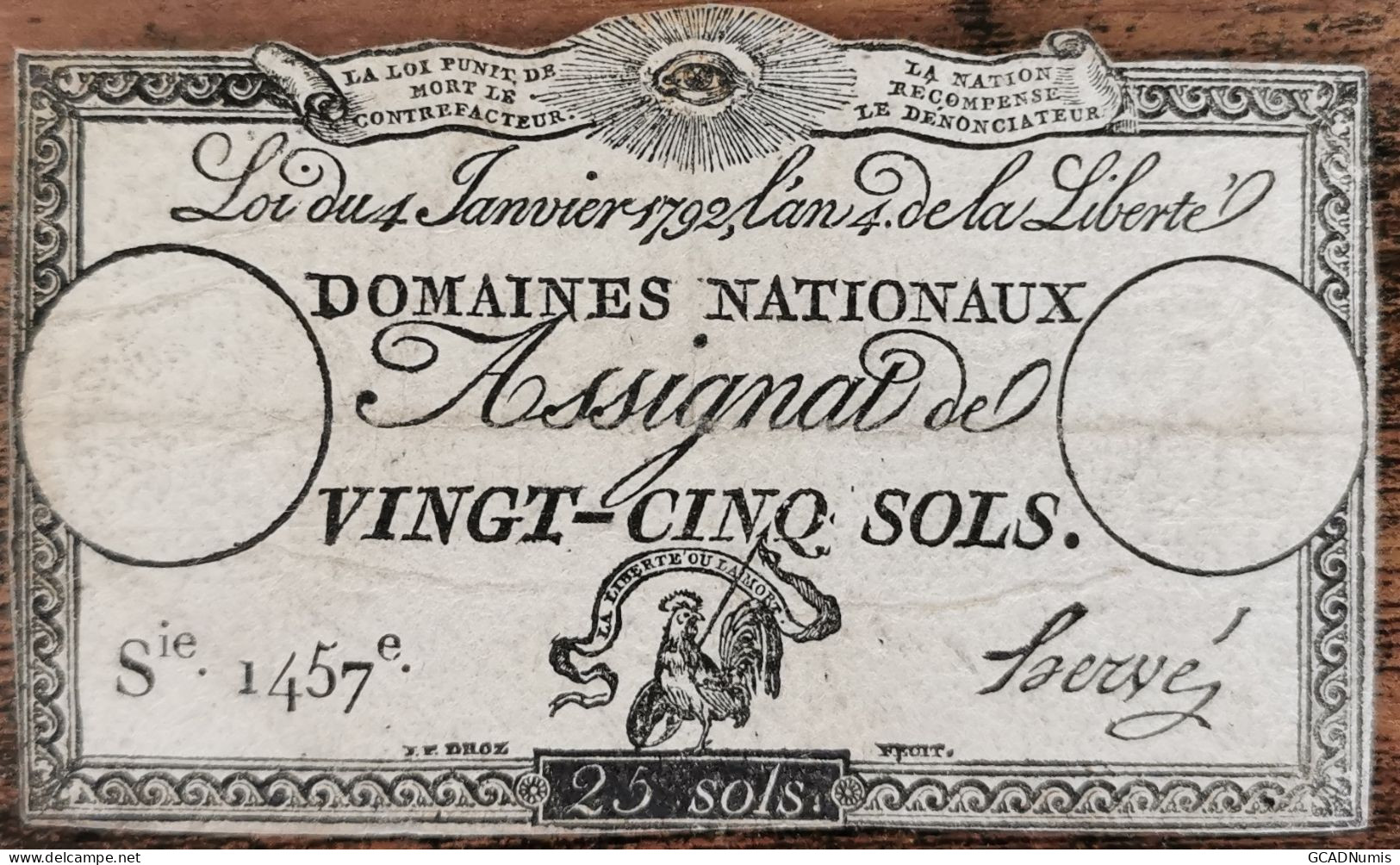 Assignat 25 Sols - 4 Janvier 1792 - Série 1457 - Domaine Nationaux - Assignats