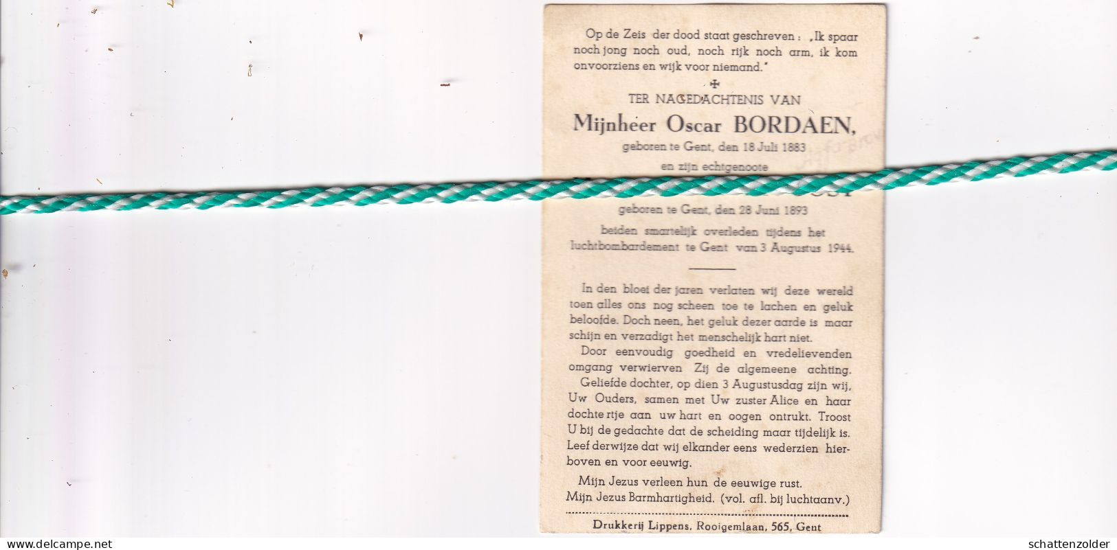 Oscar Bordaen (Gent,1883) En Bertha Van Oost (Gent,1893), Overleden Luchtbombardement Gent Augustus 1944; Foto WW2 - Obituary Notices