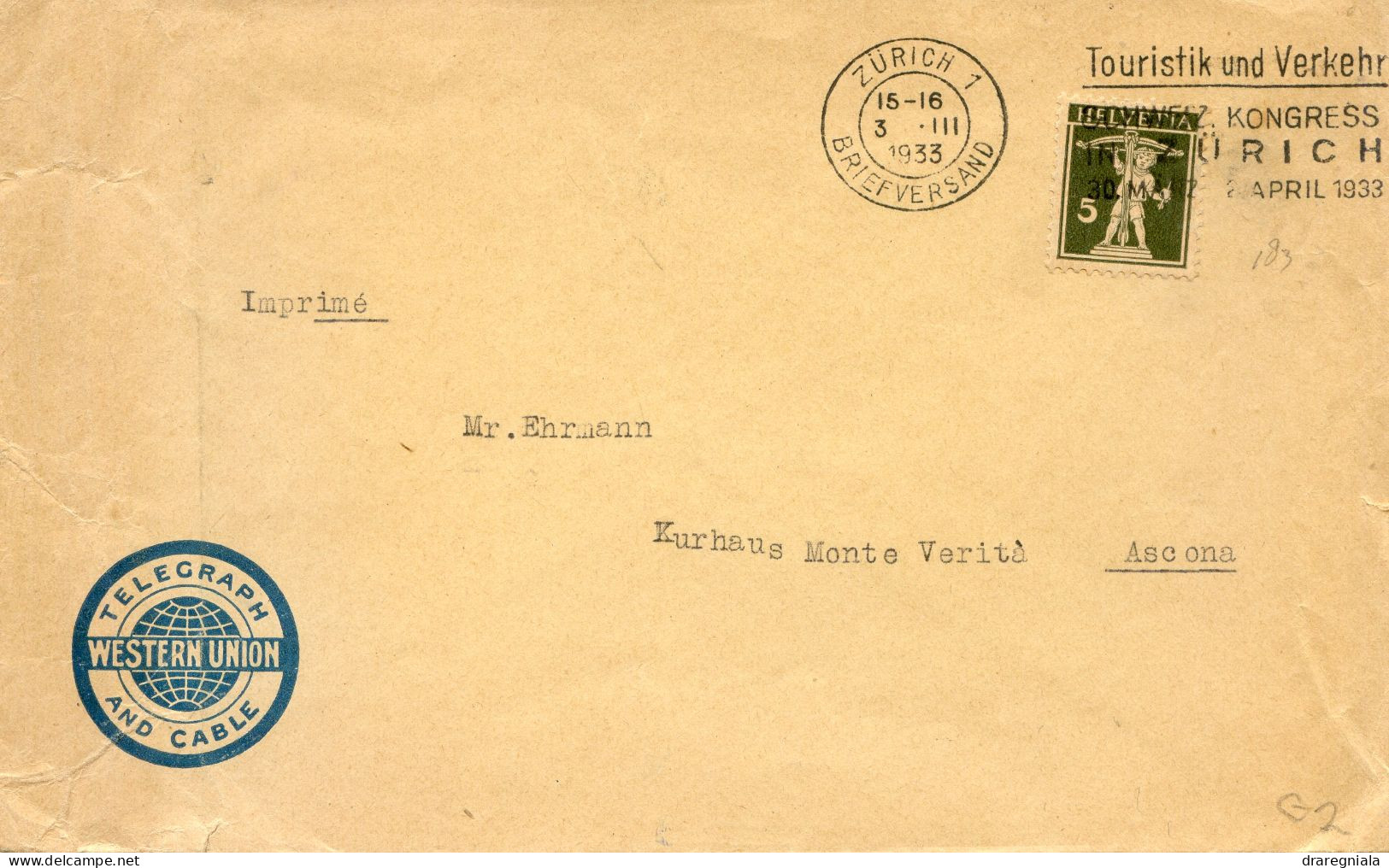 Mail Von Zurich 1933  - Touristik Und Verkehr Schweiz Kongress In Zurich 1933 -Tellknabe 183 - Poststempel