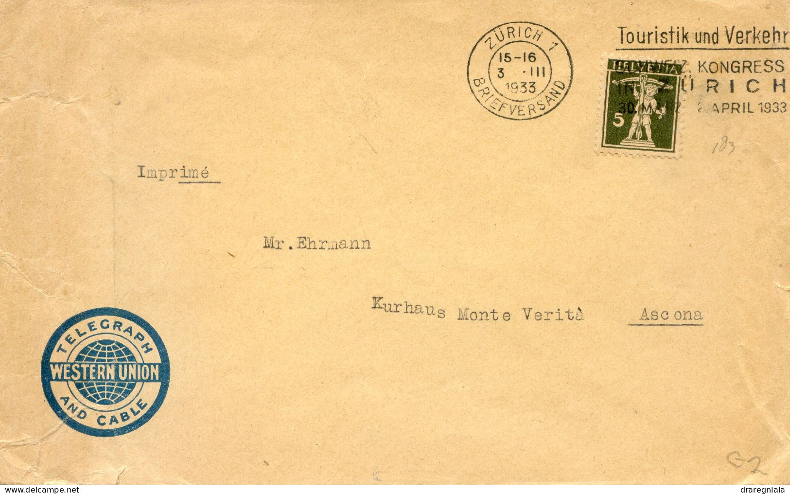 Mail Von Zurich 1933  - Touristik Und Verkehr Schweiz Kongress In Zurich 1933 -Tellknabe 183 - Marcophilie