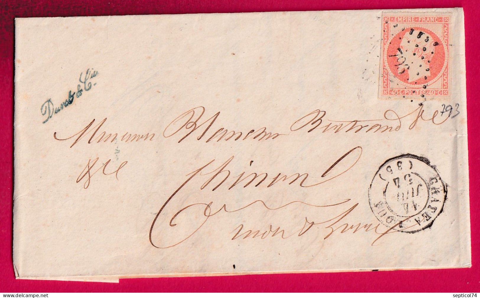 N°16 ORANGE SUR PAILLE PC 793 CHATEAUROUX INDRE POUR CHINON INDRE ET LOIRE JUILLET 1854 LETTRE - 1849-1876: Classic Period