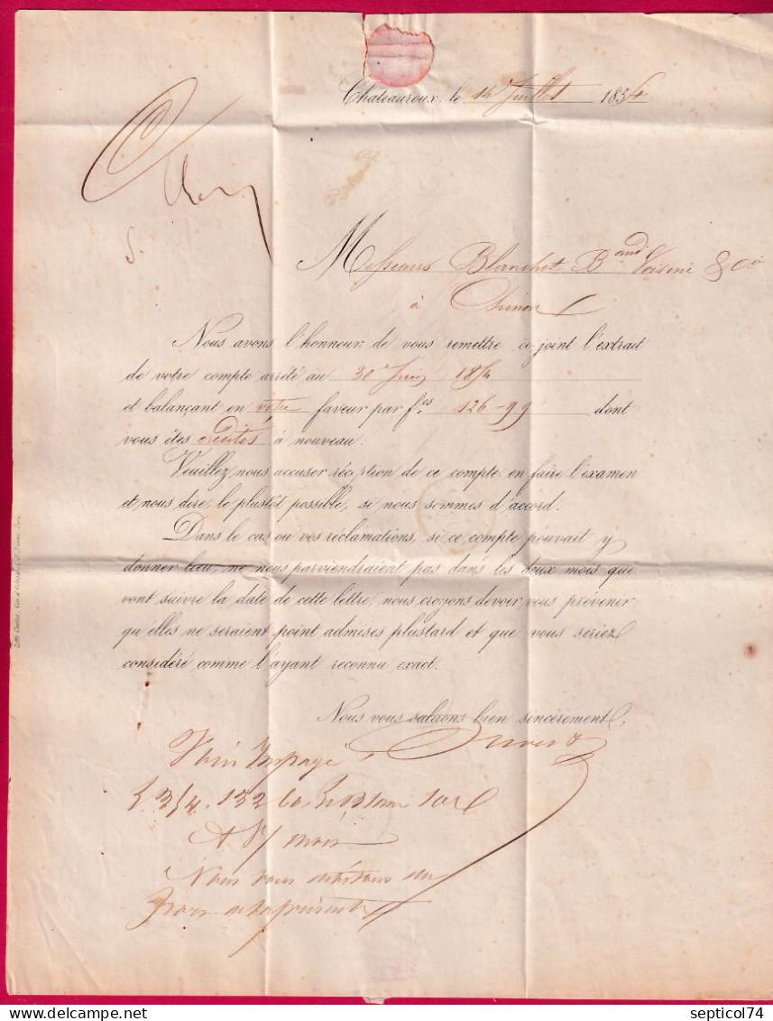 N°16 ORANGE SUR PAILLE PC 793 CHATEAUROUX INDRE POUR CHINON INDRE ET LOIRE JUILLET 1854 LETTRE - 1849-1876: Periodo Classico