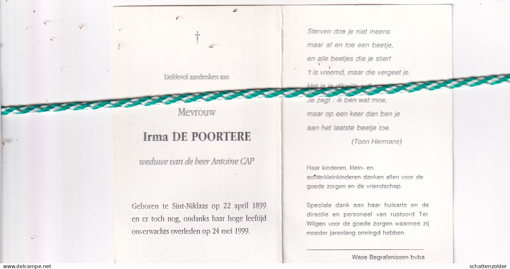 Irma Depoortere-Cap, Sint-Niklaas 1899, 1999. Honderdjarige - Avvisi Di Necrologio