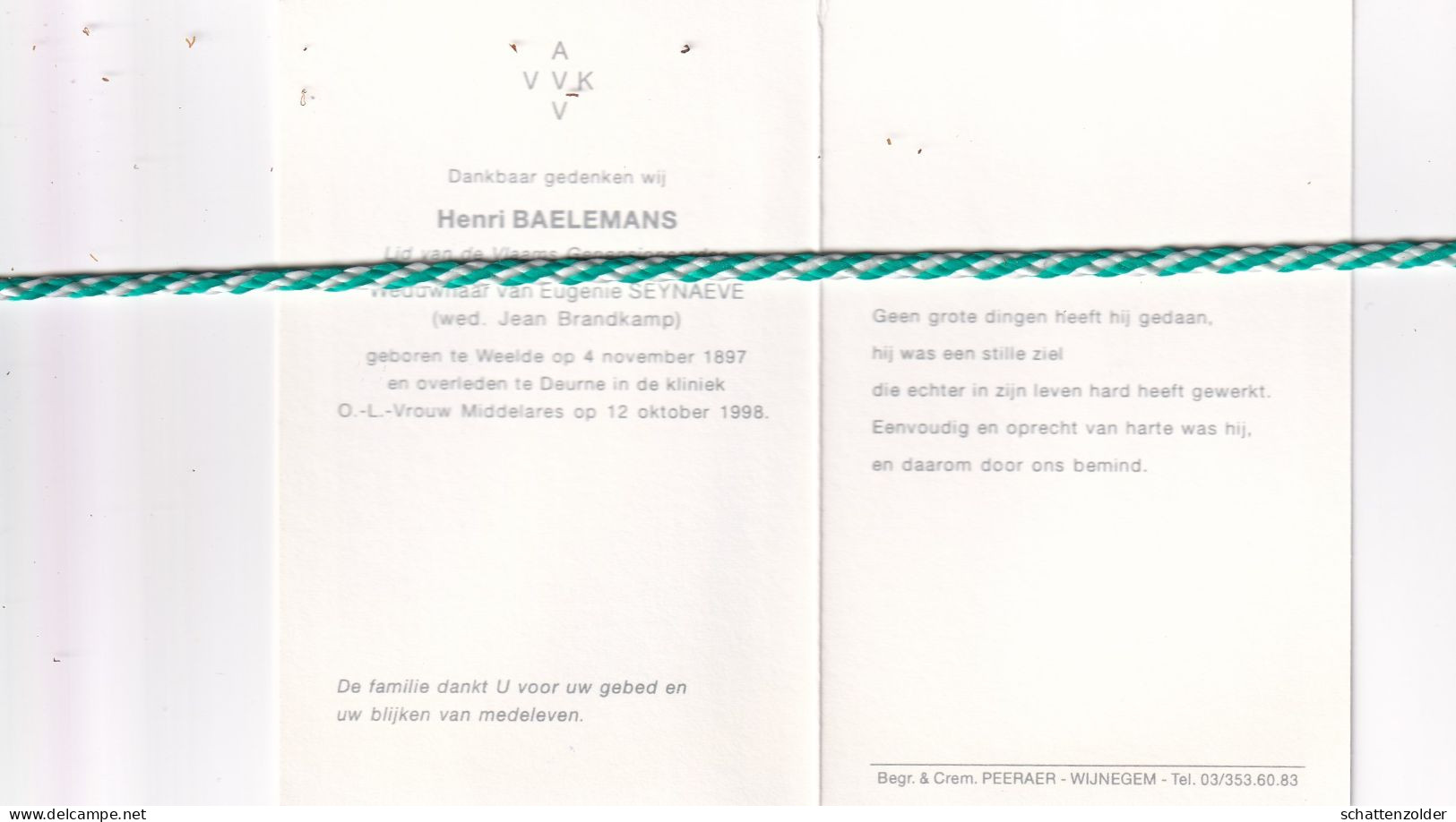 Henri Baelemans-Seynaeve, Weelde 1897, Deurne 1998. Honderdjarige. AVV VVK. Foto - Obituary Notices