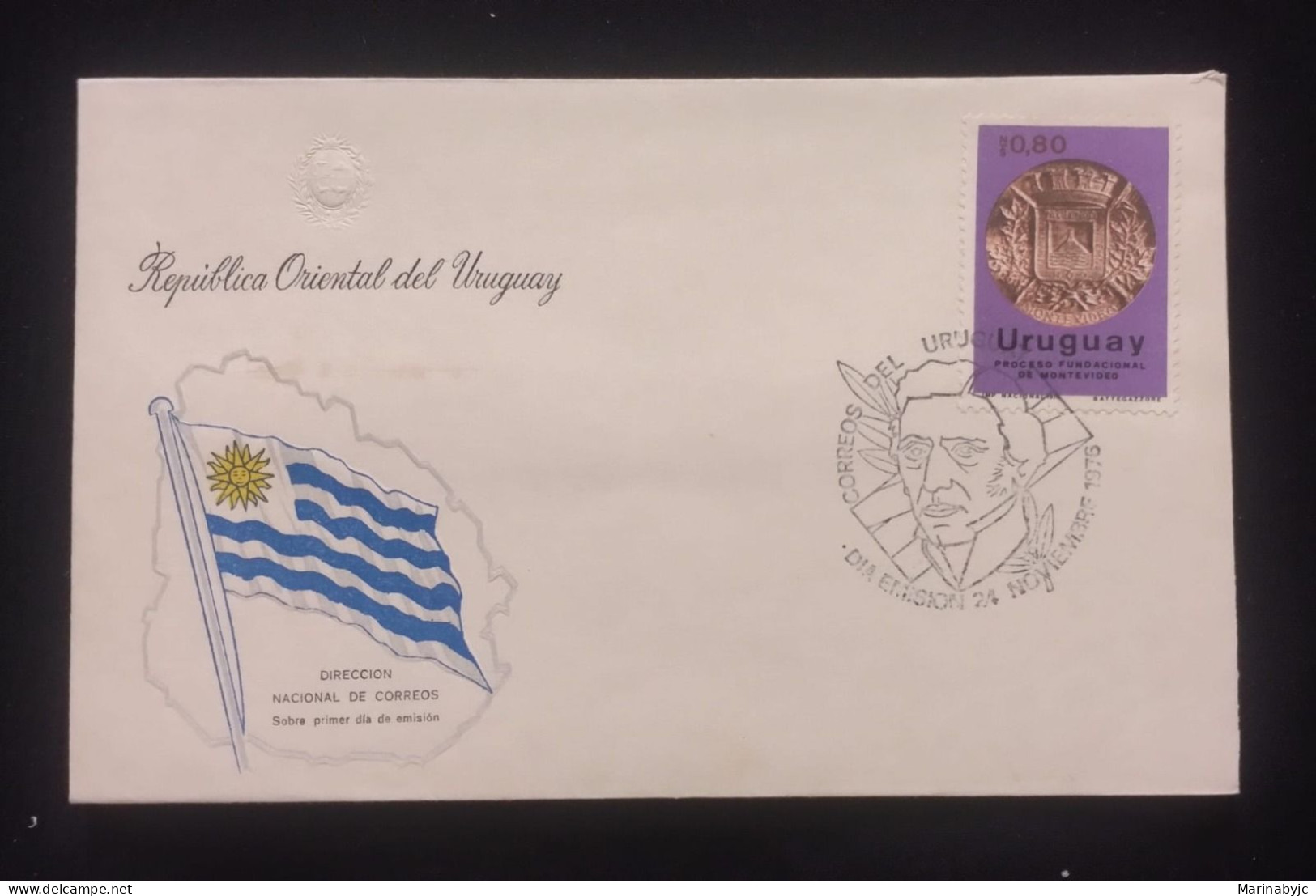 D)1976, URUGUAY, FIRST DAY COVER, ISSUE, 250TH ANNIVERSARY OF THE FOUNDATION OF MONTEVIDEO, COIN WITH CITY COAT, FDC - Uruguay