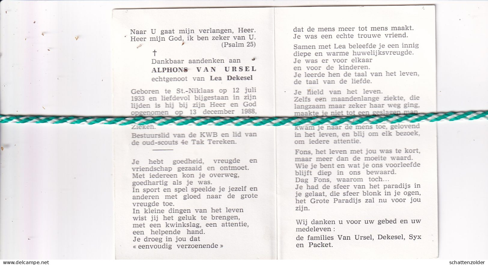 Alphons Van Ursel-Dekesel, Sint-Niklaas 1933, 1988. Oud-scouts 4e Tak Tereken - Obituary Notices