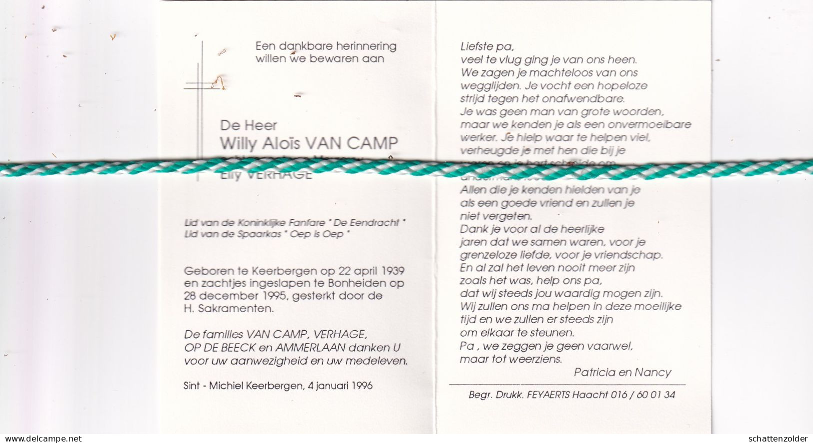 Willy Aloïs Van Camp-Verhage, Keerbergen 1939, Bonheiden 1995 - Avvisi Di Necrologio