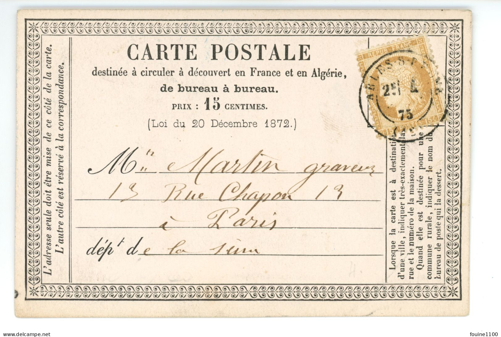 CARTE POSTALE PRECURSEUR Envoi De La Librairie A. BLANC à ARLES 13 à Martin Graveur 13 Rue Chapon à Paris  Année 1875 - Arles