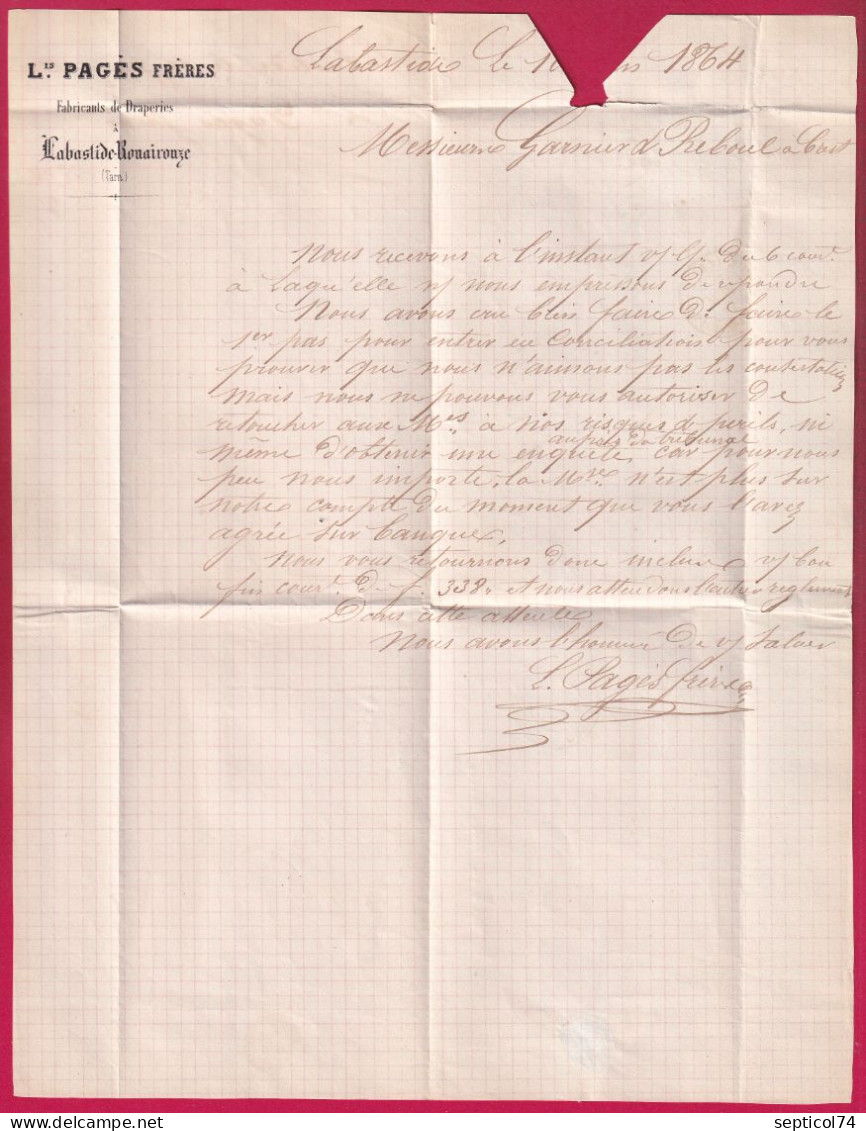 N°22 PC DU GC 344 LA BASTIDE ROUAIROUX TARN NON SIGNALE AVEC TYPE 15 PAR POTHION POUR CREST DROME LETTRE - 1849-1876: Classic Period