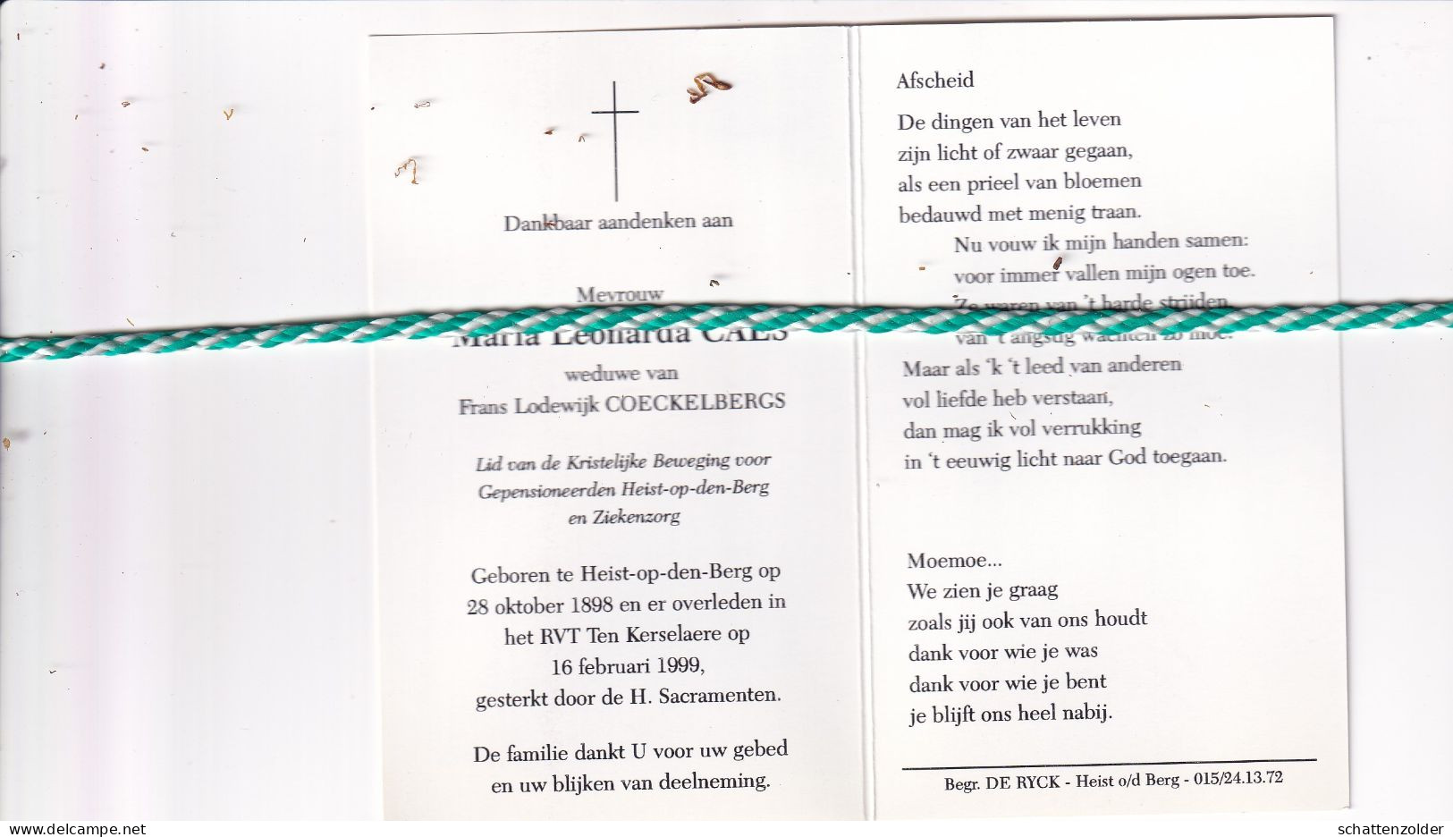 Maria Leonarda Caes-Coeckelbergs, Heist-op-den-Berg 1898, 1999. Honderdjarige. Foto - Obituary Notices