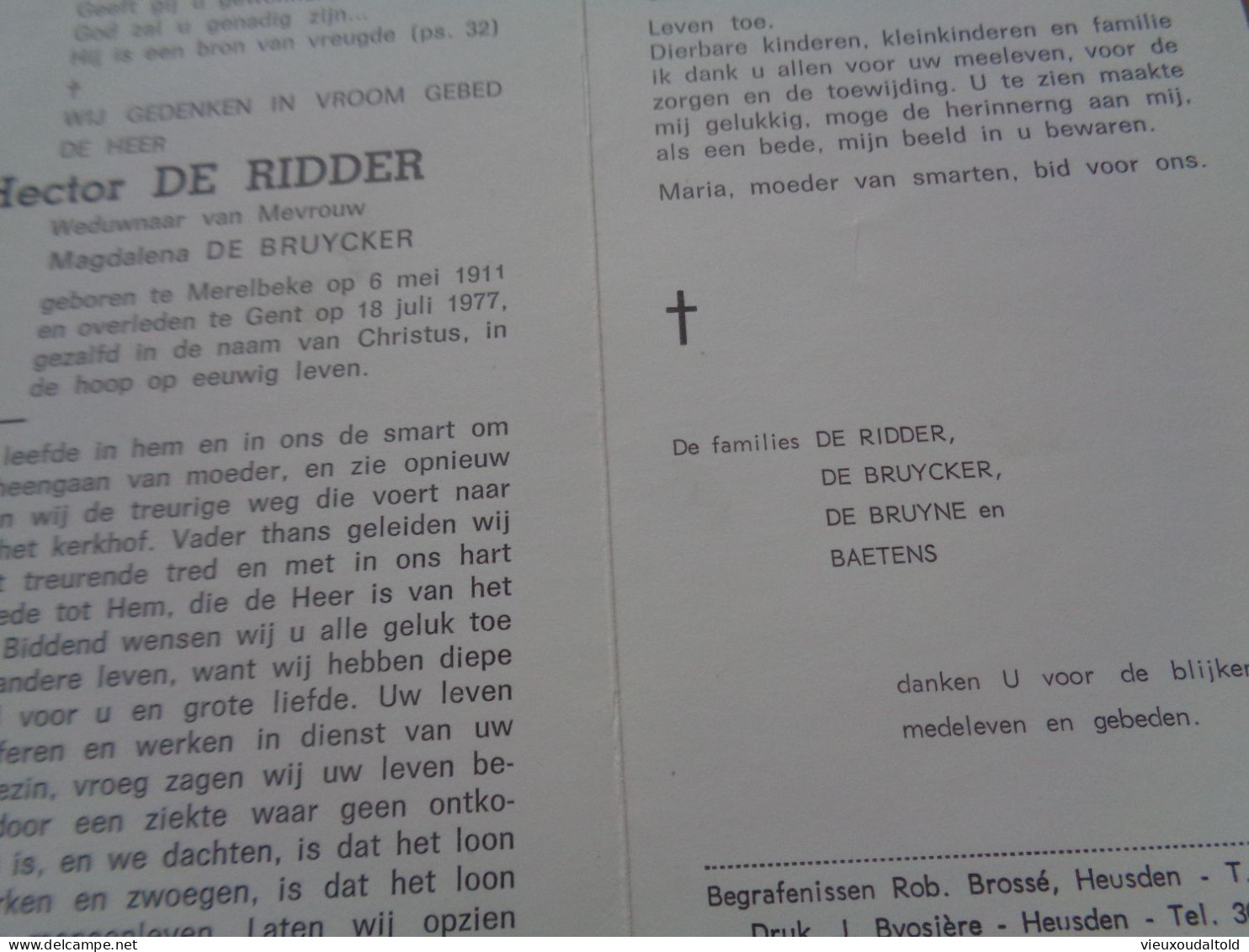 Doodsprentje/Bidprentje  Hector DE RIDDER   Merelbeke 1911-1977 Gent  (Wdr Magdalena DE BRUYCKER) - Religion &  Esoterik