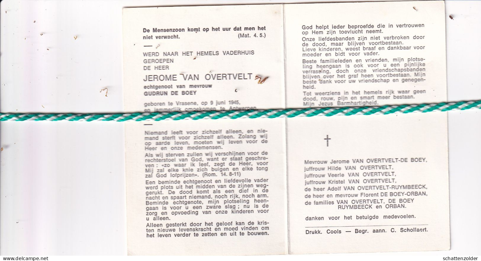 Jerome Van Overtvelt-De Boey, Vrasene 1945, Antwerpen 1975 - Obituary Notices