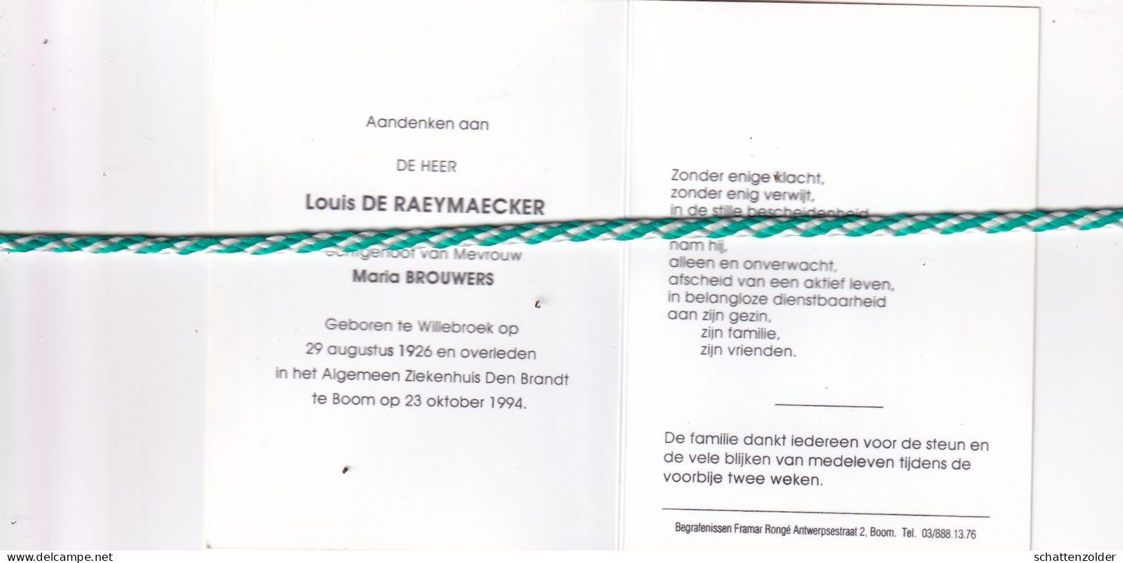 Louis De Raeymaecker-Brouwers, Willebroek 1926, Boom 1994. Foto - Obituary Notices