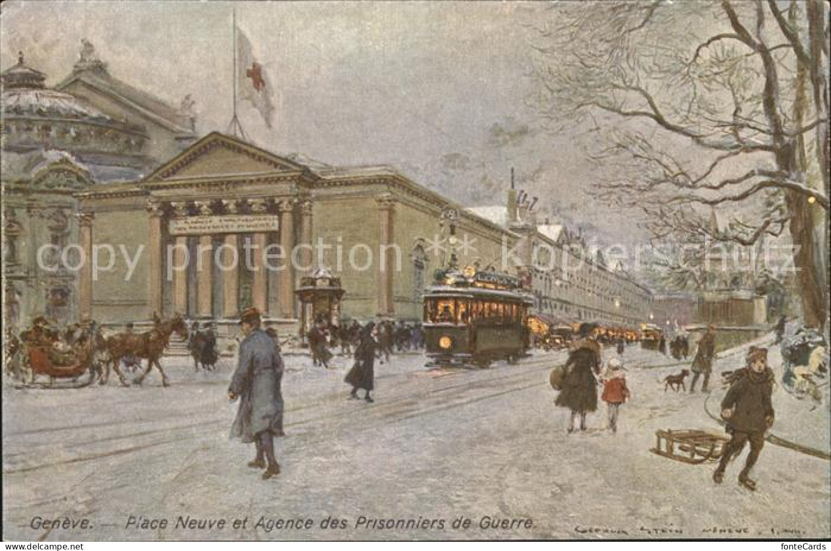 12476228 Geneve GE Place Neuve Kriegsgefangenenplatz Winter Kuenstlerkarte Genev - Sonstige & Ohne Zuordnung