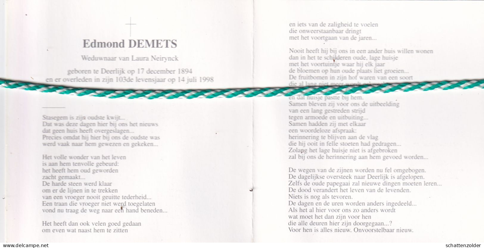 Edmond Demets-Neirynck, Deerlijk 1894, 1998. Honderdjarige. Foto - Todesanzeige